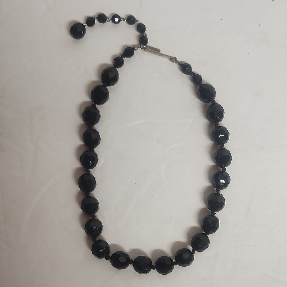Vintage Made In Austria Hand Knotted Crystal Black Bead 16" Necklace. Classy.